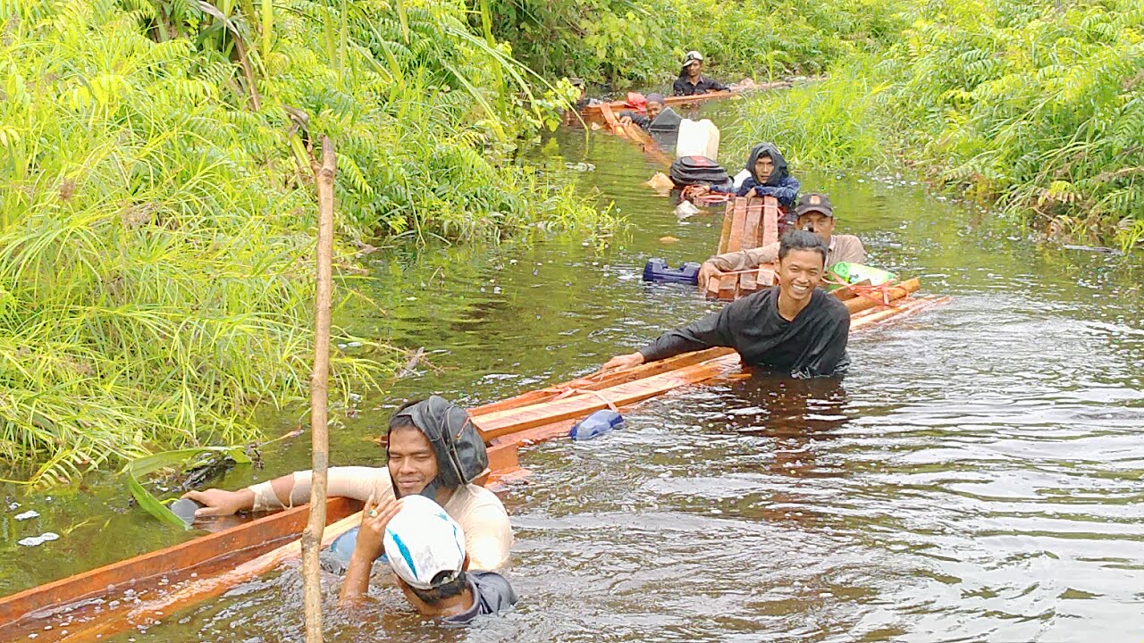 warga membawa material kayu untuk membangun masjid di pelosok Kalimantan terpaksa lewat sungai agar lebih cepat sampai.